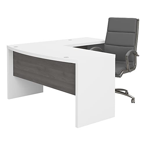 Bush Business Furniture Echo L Shaped Bow Front Desk with High Back Chair, Pure White and Modern Gray