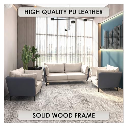 LeisureMod 3-Piece Sofa Set with a 3-Seater and 2 Single-Seater Armchair Upholstered in Leather with Removable Cushions Luxify Series in Grey