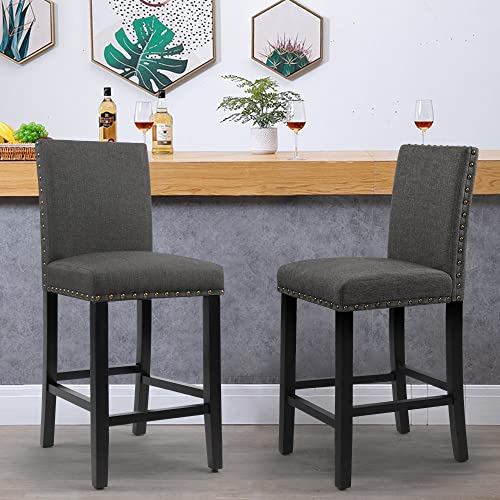 GOTMINSI Nailhead 24 Inches Counter Height Stools Upholstered Bar Stools with Solid Wood Legs, Set of 2 (Beige)