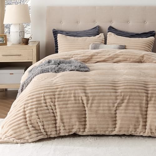 Bedsure Fluffy Duvet Cover Set - Ultra Soft Plush Shaggy Comforter Cover Queen Size, Warm Flannel Fleece Bed Sets for Winter, 3 Pieces, 1 Duvet Cover & 2 Pillowcases (Striped Pattern, Dark Grey)