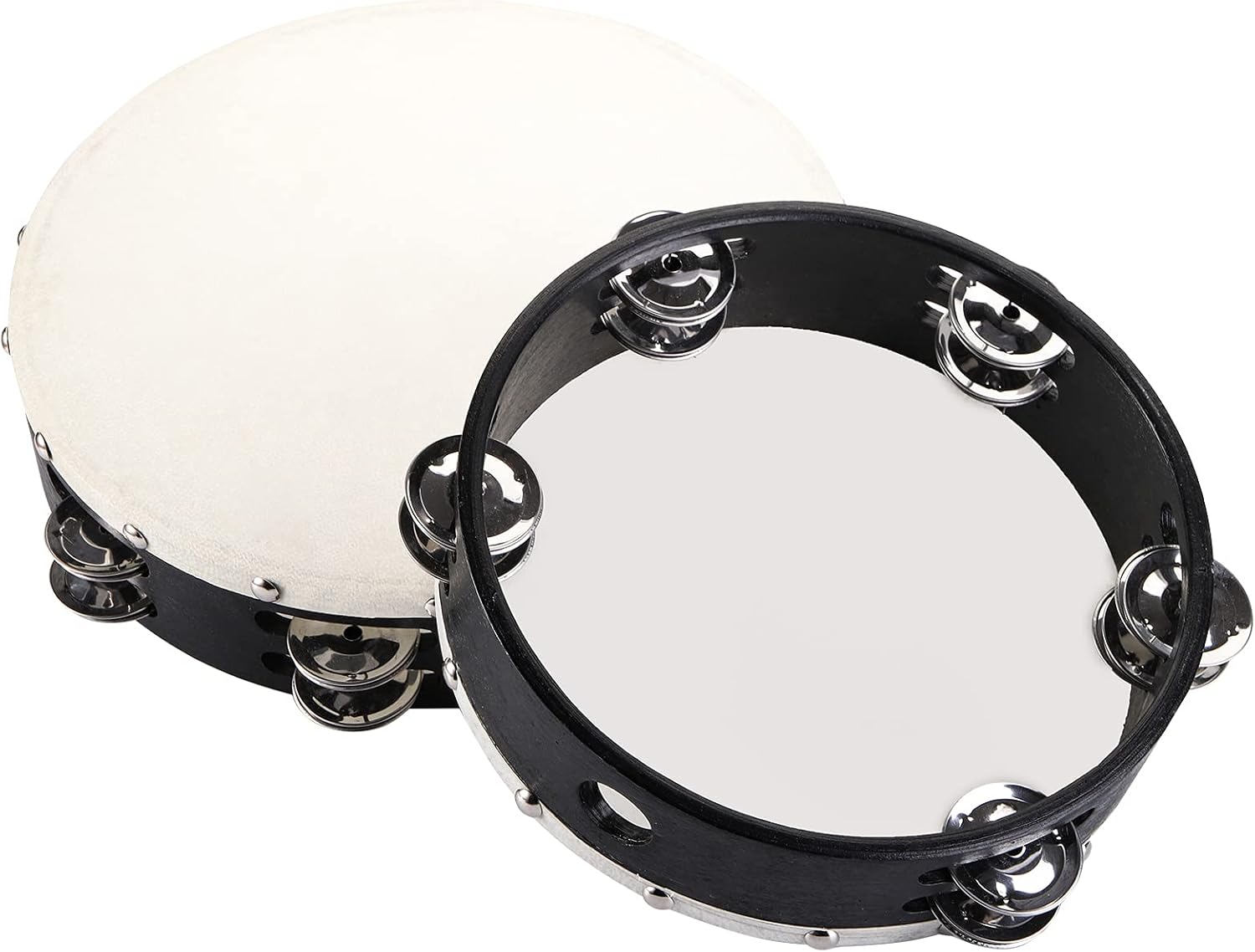 Foraineam 2 Pieces (8 Inch and 10 Inch) Wood Handheld Tambourine, Double Row Metal Jingle Bells Wooden Tambourine Drum Musical Percussion Instrument