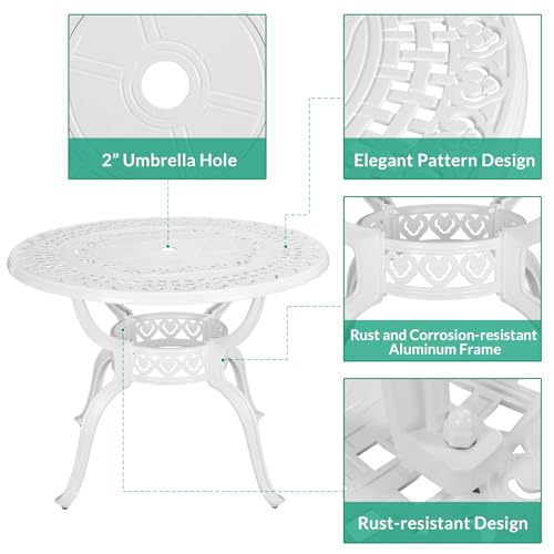 VIVIJASON 5-Piece Outdoor Patio Dining Set, All-Weather Cast Aluminum Conversation Set, Patio White Furniture Set, Include 2 Swivel Dining Chairs, 2 Stationary Chairs, 1 Round Table w/Umbrella Hole