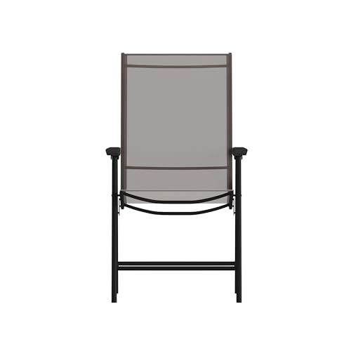 EMMA + OLIVER Priya Folding Patio Chair - Black Metal Frame - Brown Textilene Sling Style Seat - 352 lbs. Static Weight Capacity