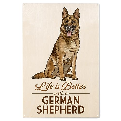 Lantern Press 10x15 Inch Wood Sign, Ready to Hang Wall Decor, German Shepherd, Life is Better, White Background
