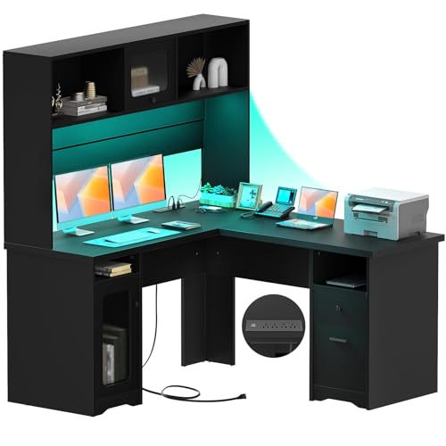 Unikito Office Desk with Drawers and Hutch, Large L Shaped Computer Desk with Power Outlet and LED Lights, 60 Inch Modern Corner Desk with File Cabinets, Sturdy 2 Person Home Office Table, Gray Oak