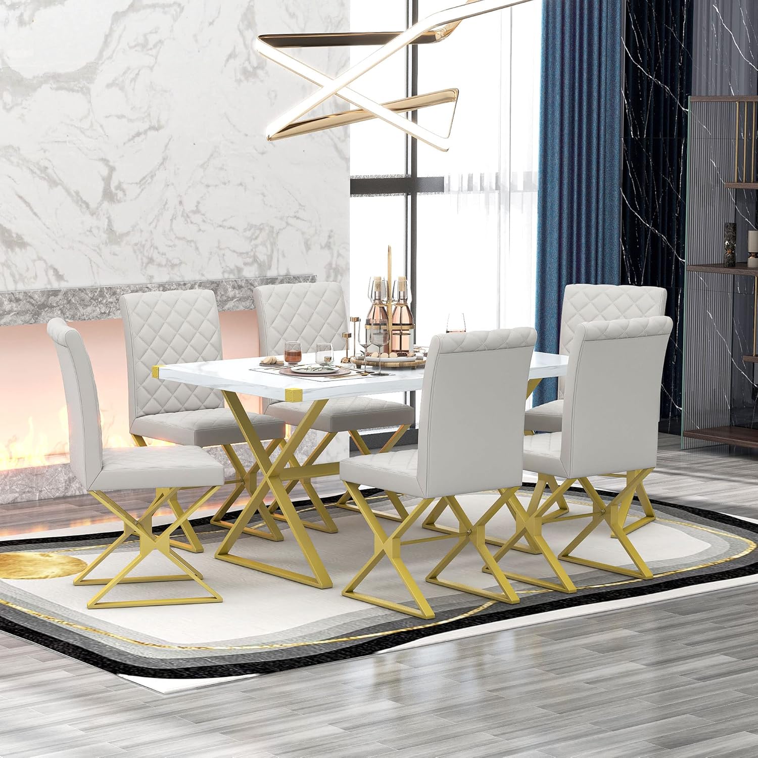 RITSU Modern 7-Piece Dining Table Set, Rectangular Marble Texture Surface and 6 Pu Leather Chairs, X-Shaped Golden Steel Tube Legs, Suitable for Living Rooms, Apartments, White, 60inch