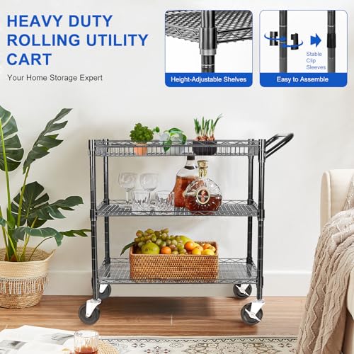 Utility Cart, 990Lbs Capacity 3 Tier Metal Rolling Carts with Wheels Commercial Grade with Shelf Liner and Handle Bar Heavy Duty Trolley Serving Cart for Kitchen Office Hardware Black