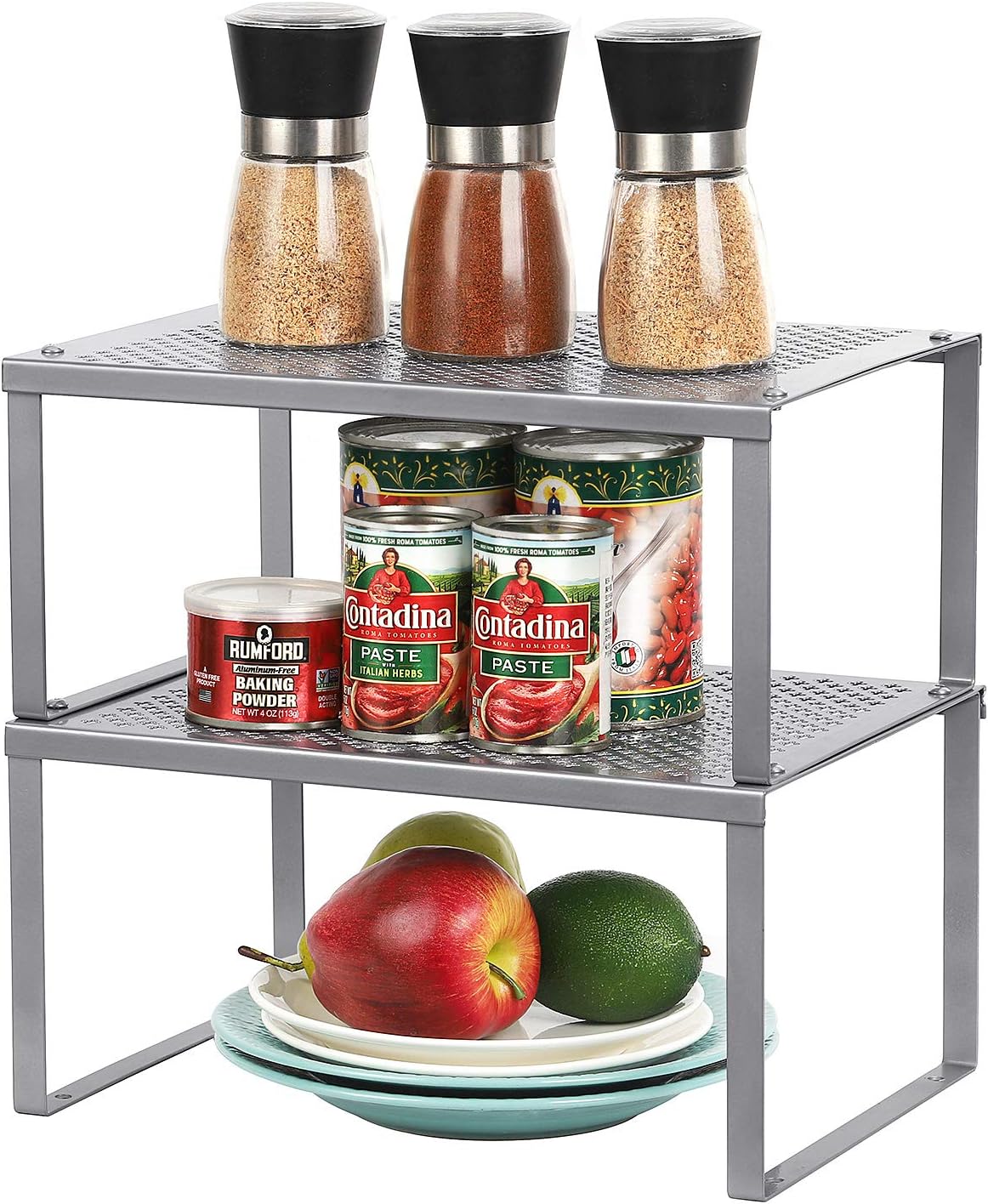 Spice Rack Cabinet Shelf Organizers, Set of 2 Kitchen Shelves for Counter Cupboard Pantry Bathroom, Stackable Expandable Storage and Organization, Metal, Silver