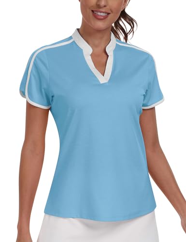 Womens Golf Polo V Neck Shirt Elastic Breathable Moisture Wicking Sports Workout Tops for Tennis Casual