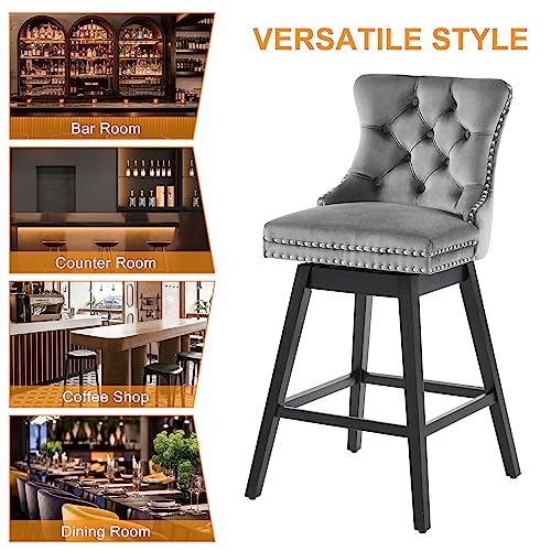 Counter Height Bar Stools, 360 Swivel Bar Stools with Backs, Premium Velvet Fabric Upholstered Counter Height Chairs, Solid Wood Legs, (Beige, 30