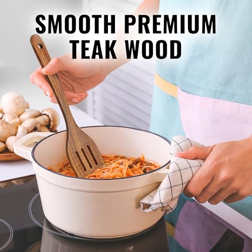 Zulay Kitchen Premium Slotted Spatula - Durable Teak Wooden Spatula For Cooking, Flat Wooden Spatula For Kitchen Use, Smooth Finish Natural Teak Spatula, Non-Stick Wooden Spatula