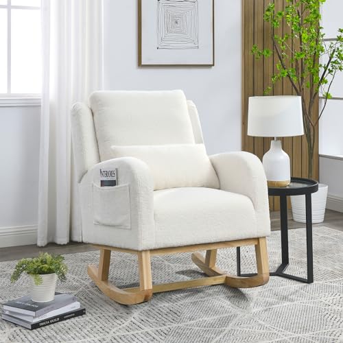 Rocking Chair for Nursery, Upholstered Accent Glider Rocker with Side Pocket, Living Room Armchair with High Back and Headrest for Living Room Baby Room Bedroom Ivory