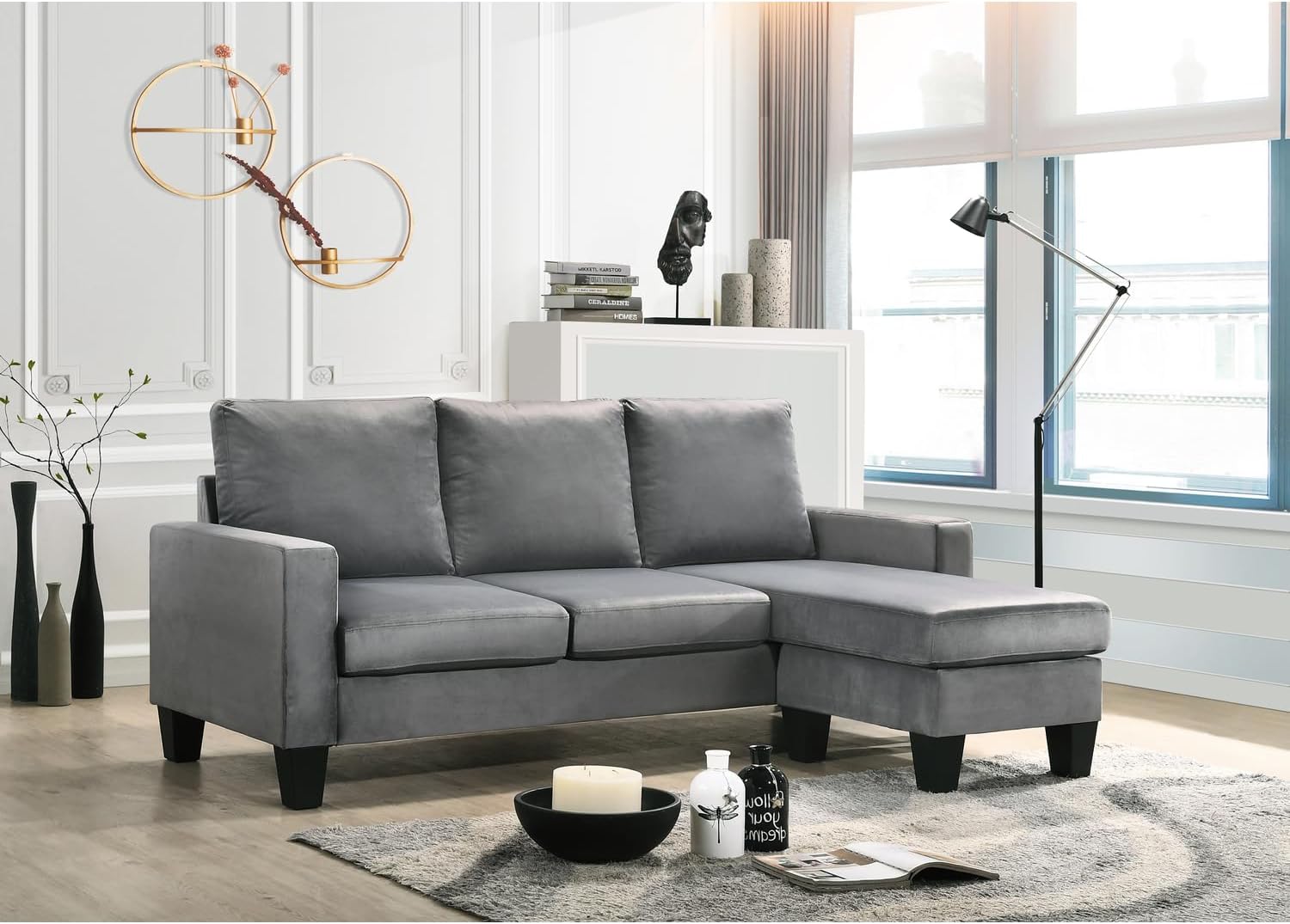 Home Indoor Cushioned Tufted Couch Modern Conversation Furniture Jessica 77 in. W Flared Arm Velvet L Shaped Sofa in Gray