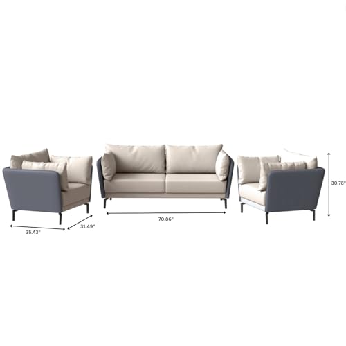 LeisureMod 3-Piece Sofa Set with a 3-Seater and 2 Single-Seater Armchair Upholstered in Leather with Removable Cushions Luxify Series in Grey