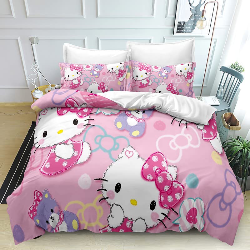 The Anime Quilt Duvet Cover Hello Set Comforter Cover Kitty 3 Pieces Bedding Printed Quilt Cover Set with Pillow Cases Easy Care and Soft Hand Feel