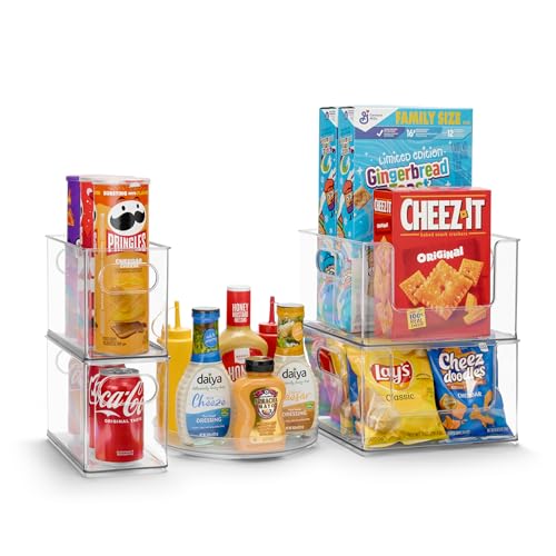 Sorbus Pantry Organizers and Storage Set (Set of 5) 2 Large Stackable Storage Bins Open Front 2 Narrow Stackable Storage Bins 1 Lazy Susan Organizer for Fridge, Clear Pantry Storage Bins