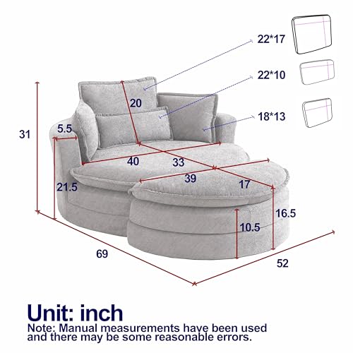 DEINPPA Modern Accent Barrel Sofa Swivel Barrel Chair with Storage Ottoman, Sofa Club Lounge,Sherpa Fabric Round Chair with 3 Pillows Soft Cushions for Living Room (White+Sherpa Fabric+Sponge)