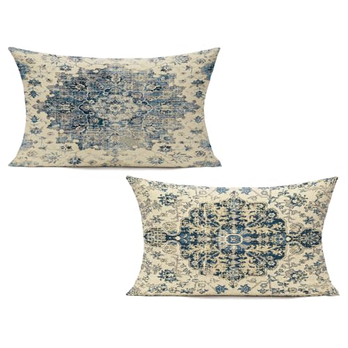 Outdoor Boho 18x18 Set of 2 Blue Throw Pillow Covers Spring Decorative Farmhouse Bohemian Carpet Vintage Gray Cases Home Decor for Living Room Bedroom Bed Cushion Cases