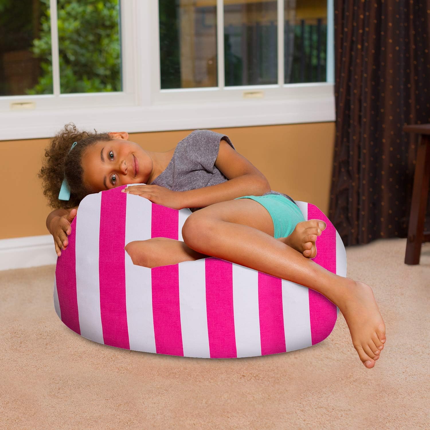 Posh Creations Bean Bag Chair for Kids, Teens, and Adults Includes Removable and Machine Washable Cover, 27in - Medium, Canvas Stripes Pink and White