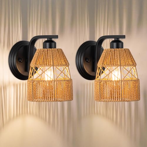 Rattan Wall Sconces Set of Two Farmhouse Wall Light Fixtures Hardwired Indoor Industrial Sconces Wall Lighting Rustic Wall Lamp for Bedroom Living Room, E26