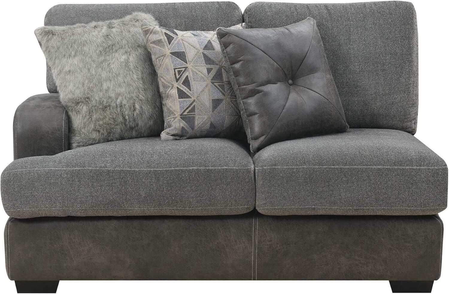 Antique Bright Charcoal Tweed and Faux Leather Sectional with Cozy Fabrics and Deep Seating