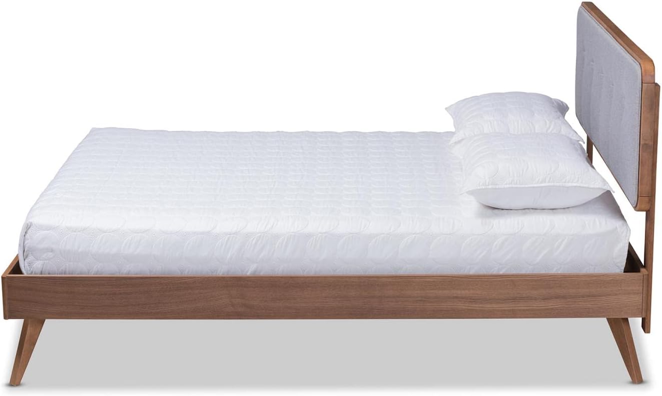 Baxton Studio Dilara Mid-Century Modern Light Grey Fabric Upholstered Walnut Brown Finished Wood Queen Size Platform Bed