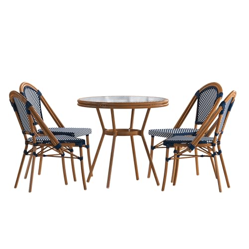 Merrick Lane Sacha French Bistro Style Set - Indoor/Outdoor Use - Tempered Glass Tabletop - Navy & White PE Rattan - 4 Stack Chairs - Bamboo Finished Metal Frame
