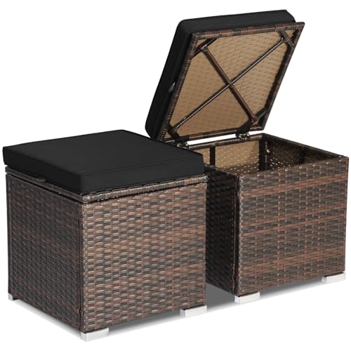 Tangkula 2 Pieces Patio Ottomans, Patiojoy Hand-Woven PE Rattan Side Table with Removable Cushion & Hidden Storage Space, Multifunctional Storage Box, Seat for Patio, Backyard, Poolside (Turquoise)