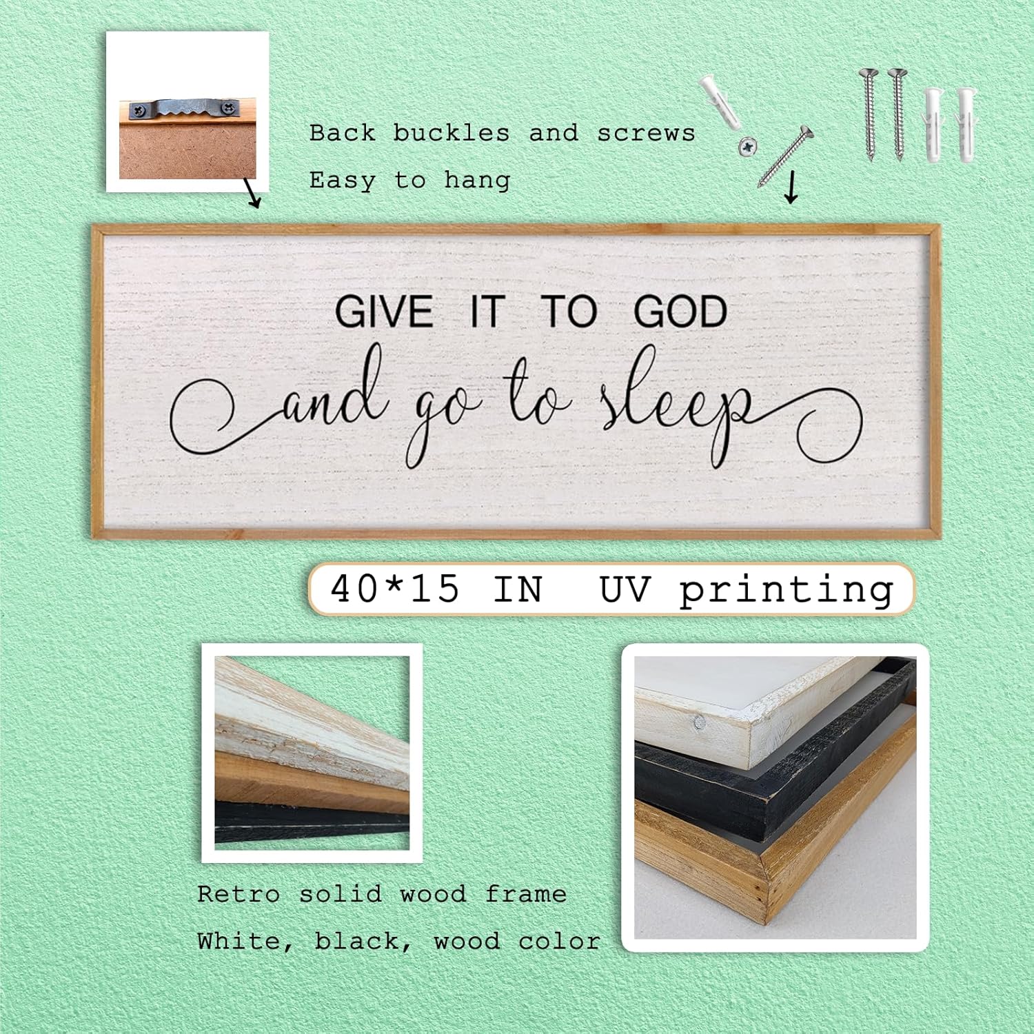 Give It to God and Go to Sleep Wall Decor 40×15 Inch, Large Farmhouse Master Room Above Bed Sign, Rustic Guest Room Wood Framed Beautiful And Simple Hanging Over Bed Wall Art(Wood)