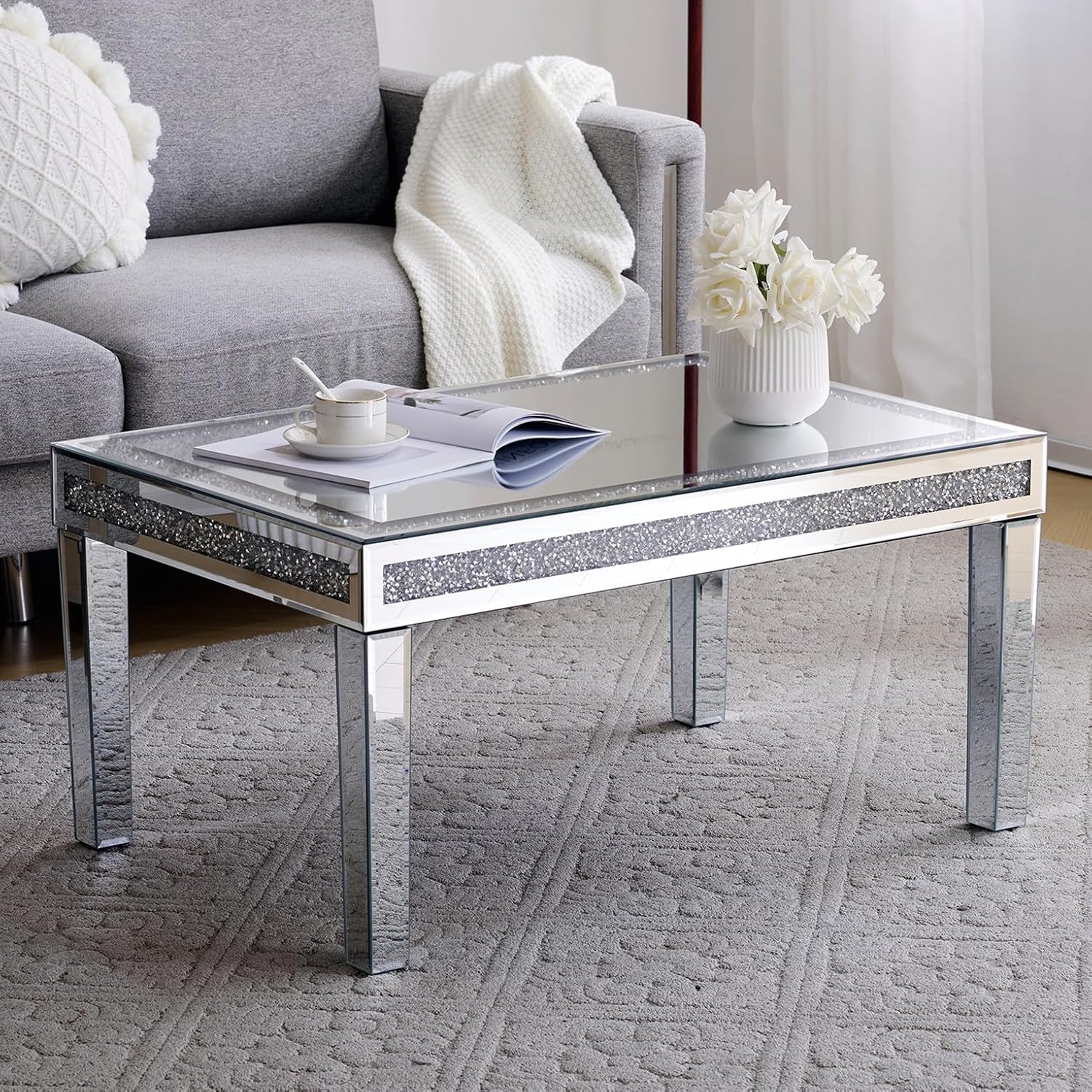 SSLine Modern Mirrored Coffee Table Luxury Living Room Cocktail Center Table with Silver Mirror Finish Rectangular Small Coffee Table with Crystal Inlay and Edge - Partially Assembled