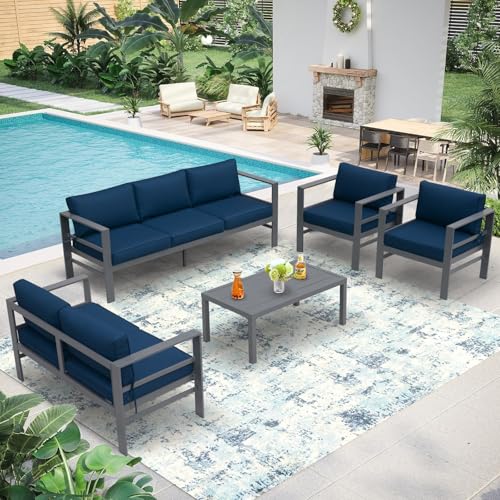 5 Pieces Cast Aluminum Outdoor Patio Furniture Set, All-Weather Modern Aluminum Patio Sectional Conversation Set with Removable Grey Cushions and Coffee Table for Backyard, Garden