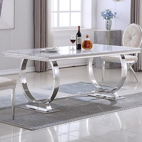Modern Dining Table, 72 inch Rectangular White and Gold Dining Table for 4-6, Kitchen Dinner Room Table with Gold Circle Base