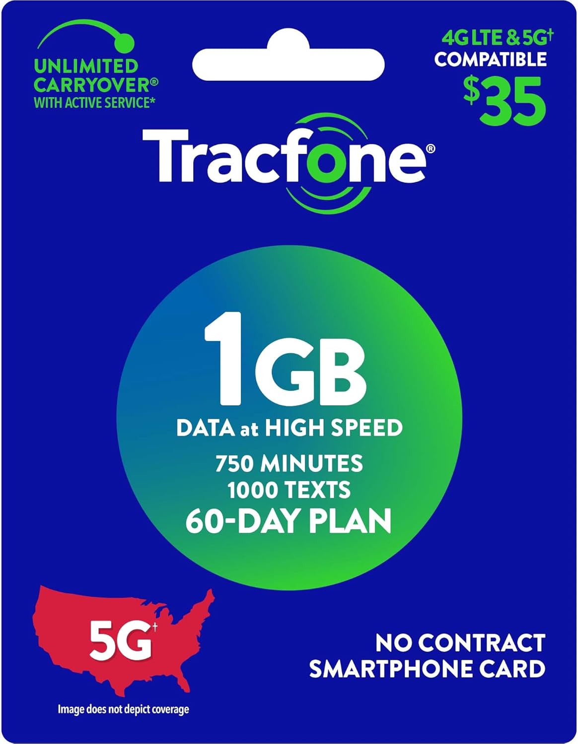 Tracfone $35, 750 Min, 1000 Text, 1 GB Data 60–Day Plan [Physical Delivery]