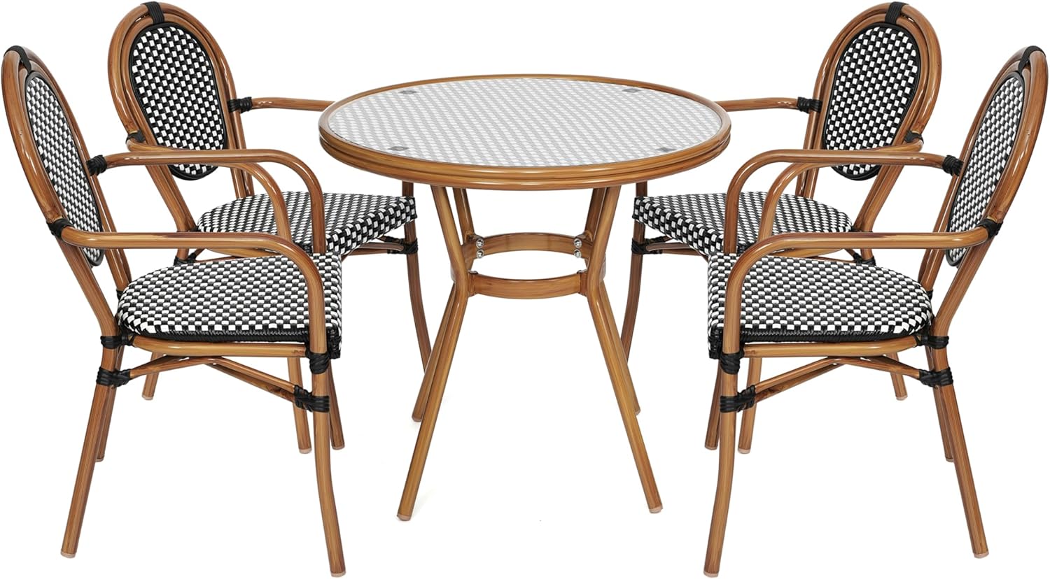Merrick Lane Celia French Bistro Style Set - Indoor/Outdoor Use - Tempered Glass Tabletop - Black & White PE Rattan - 4 Stack Chairs - Bamboo Finished Metal Frame