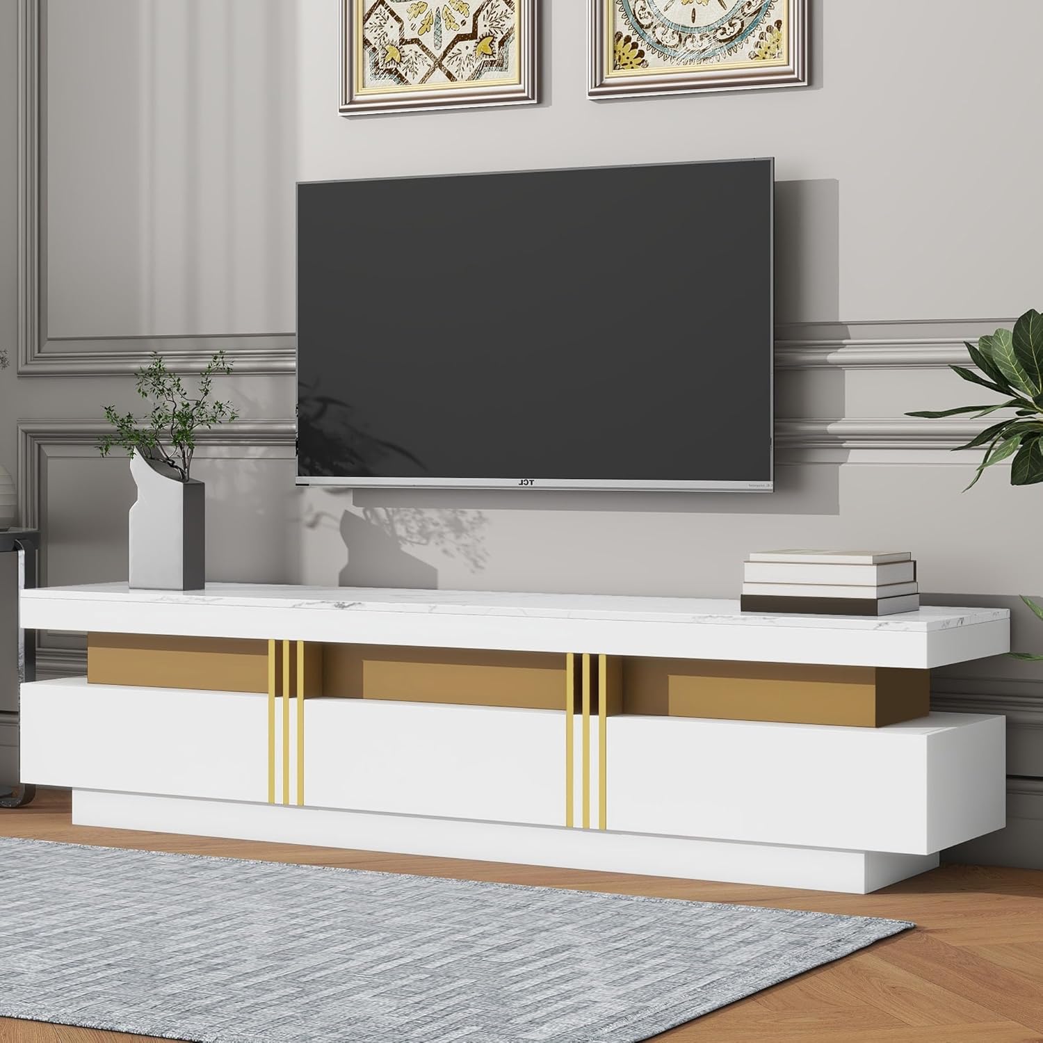 Luxury Stand with High Gloss Faux Marble Top for TVs Up to 78'', Rectangle Media Console with Golden Panel Design, Practical Entertainment Center with 3 Drawers for Living Room, White+Gold