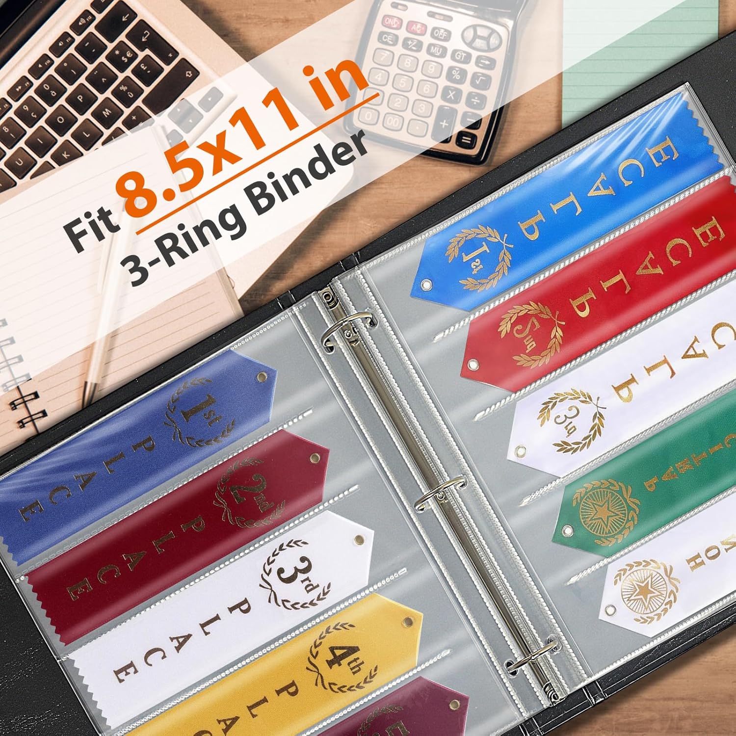 Award Ribbon Organizer Sleeves, Award Ribbon Holder, Swim Ribbon Holder Ribbon Display Clear Pages Sheets Ribbon Organizer for 3 Ring Binder Storage (50 Pieces)