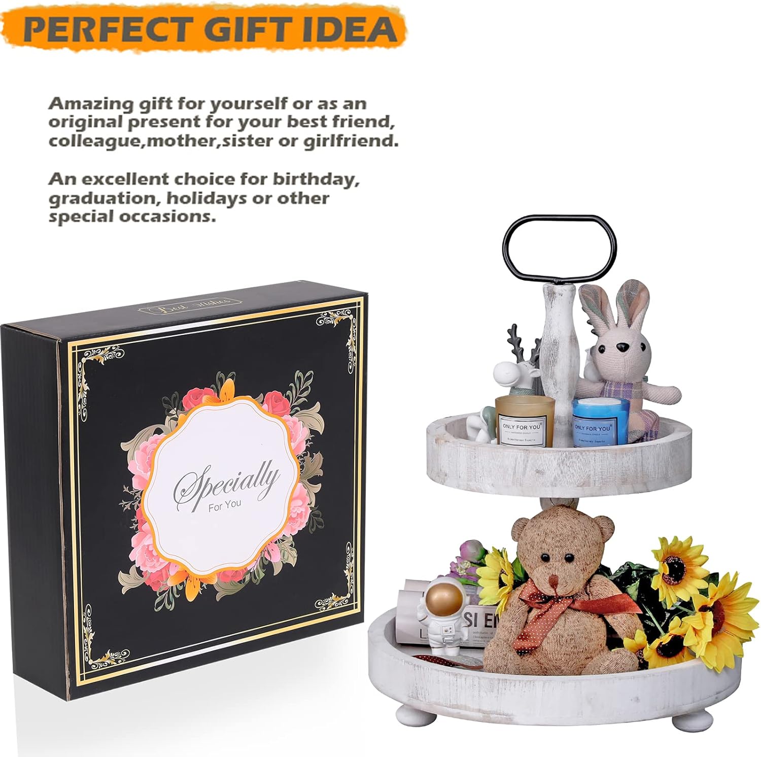 2 Tier Tray Rustic Cake Stand Farmhouse Kitchen Decor Centerpiece,Farmhouse 2 Tier Serving Tray for Coffee Bar w/Handle&1 Coaster