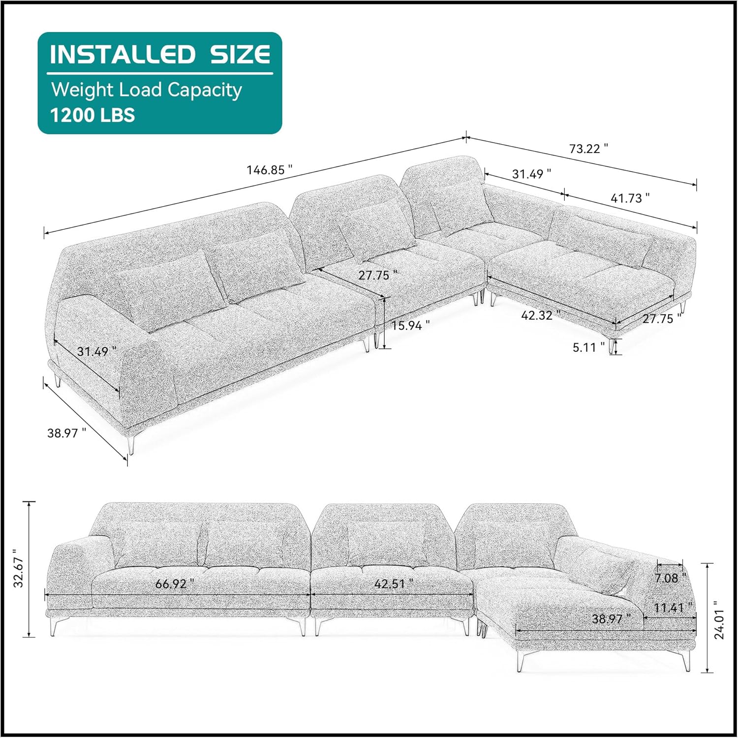 kevinplus 146.8'' Large Sectional Sofa Couch L-Shape with Right Chaise Lounge, Modern Upholstered Corner Sofa Couch for Living Room Office Apartment, Free Combination (Right-Facing, Light Grey)