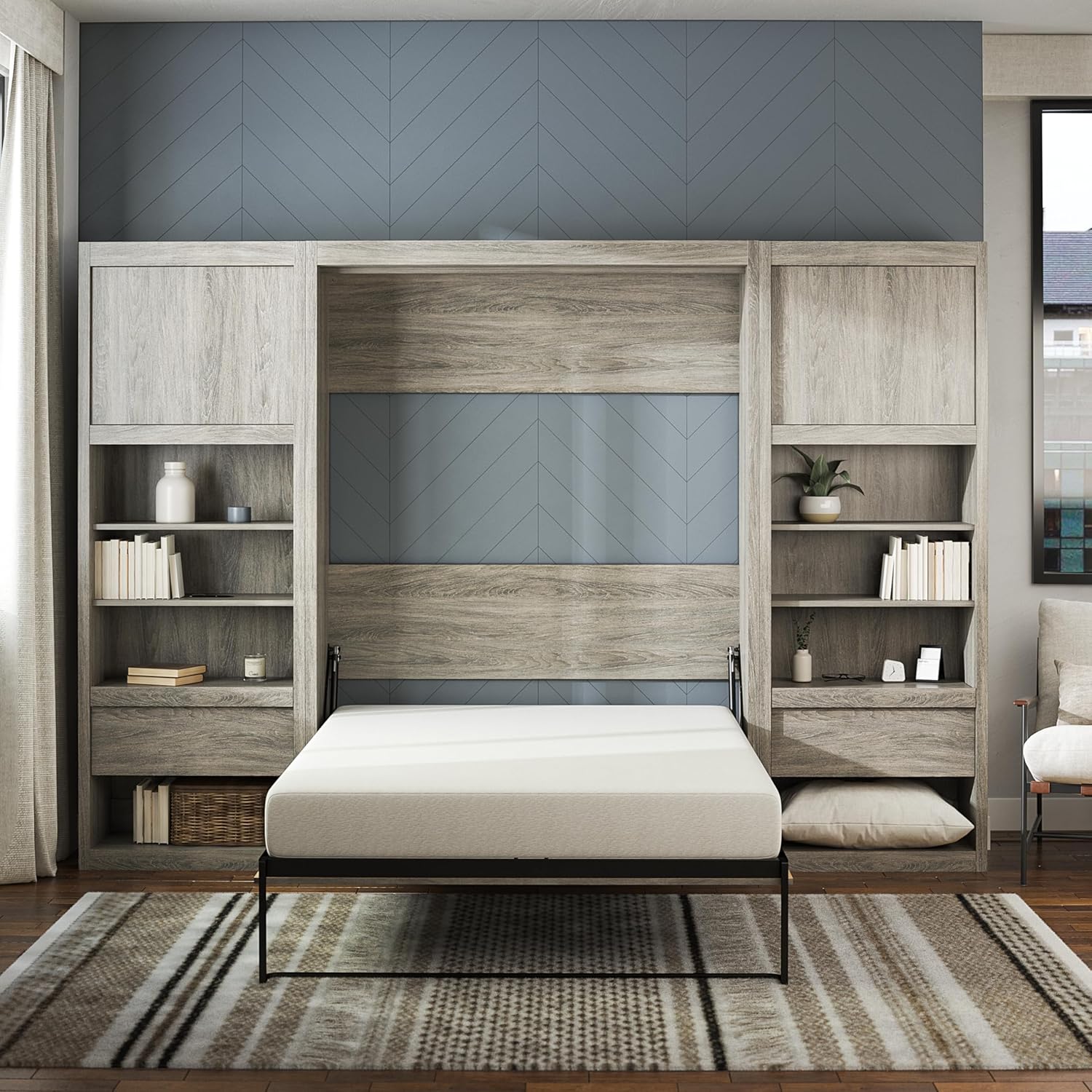 Signature Sleep Paramount Full Wall Bed & 2 Side Cabinet Bundle in Gray Oak