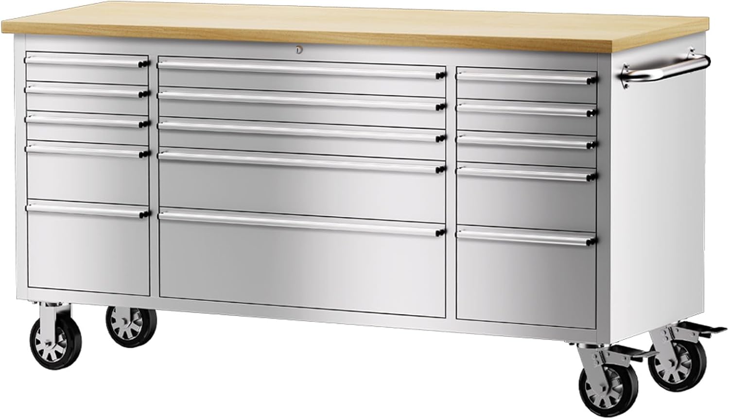 72-inch Stainless Steel Tool Chest with Wheels, 15 Drawers Rolling Storage Tool Cabinet, Heavy Duty Workbench Table with Wood Top, Lock and Liner, for Garage, Warehouse, Workshop