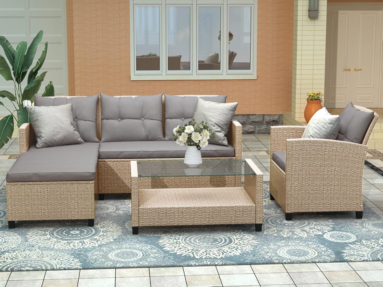 Patio Furniture Sets, 4 Pcs Outdoor Conversation Set All Weather Wicker Ratten Sectional Sofa with 2-Seater Sofá and lounge Couch&Chair, Coffee Table, Seat Cushions, fit for Yard Garden Porch