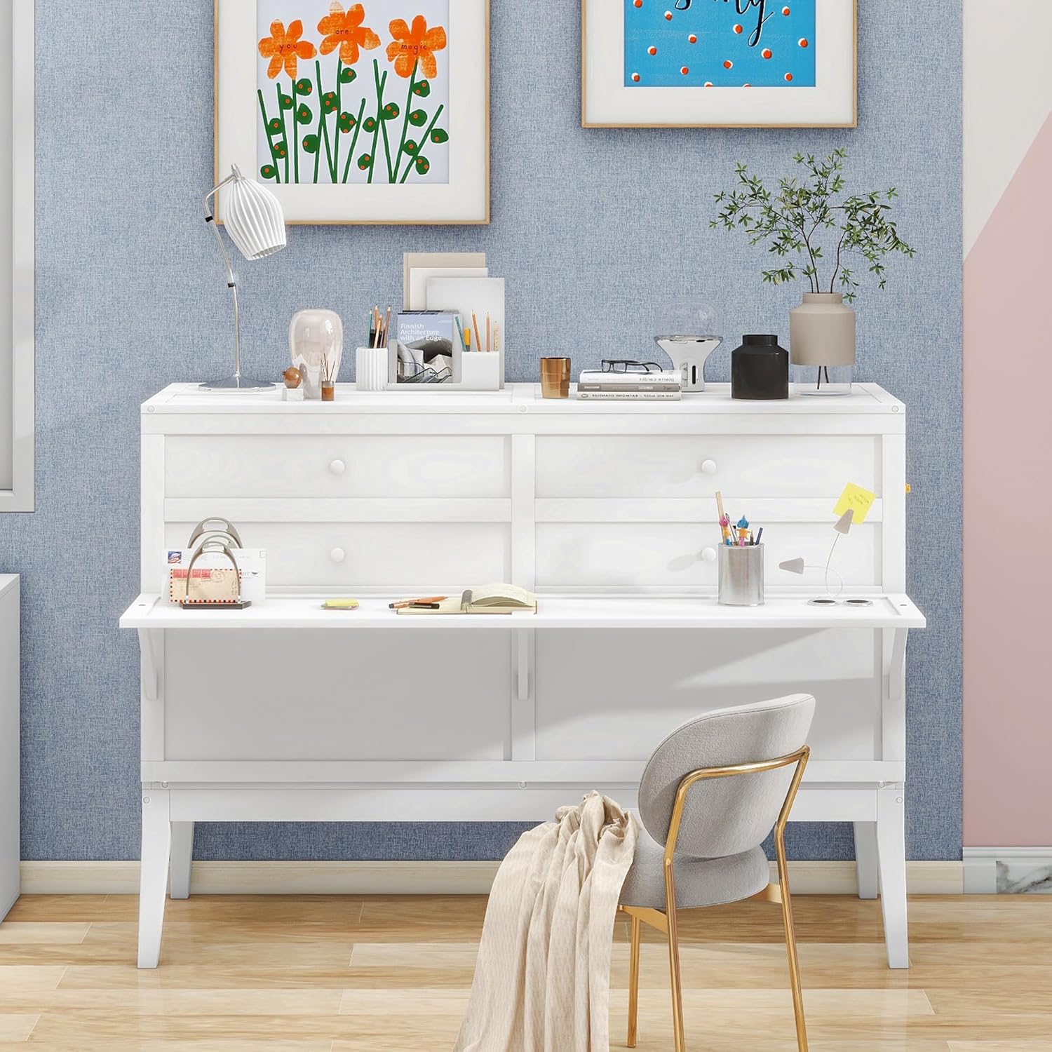 Queen Size Murphy Bed with Built-in Charging Station, Open Shelf and HiddenTable for Small Place Home Office, Space-Saving Wall Murphy Beds Folding Chest