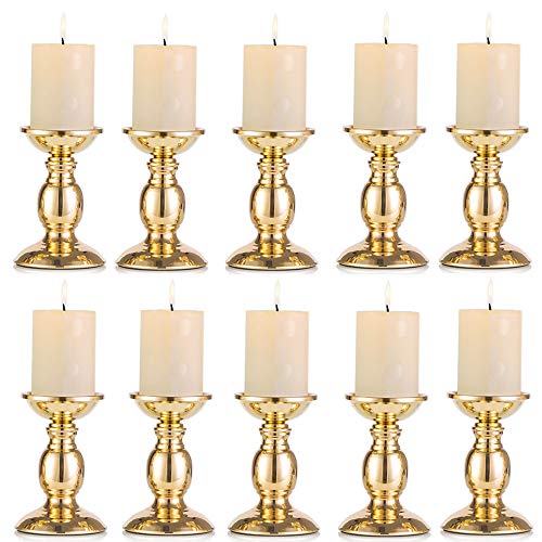 Set of 2 Gold Candlestick Metal Pillar Candle Holders for 3 inches Dia Candle, Wedding Centerpieces Candlestick Holders Stand Centerpiece Decoration Ideal for Weddings, Special Events, Parties