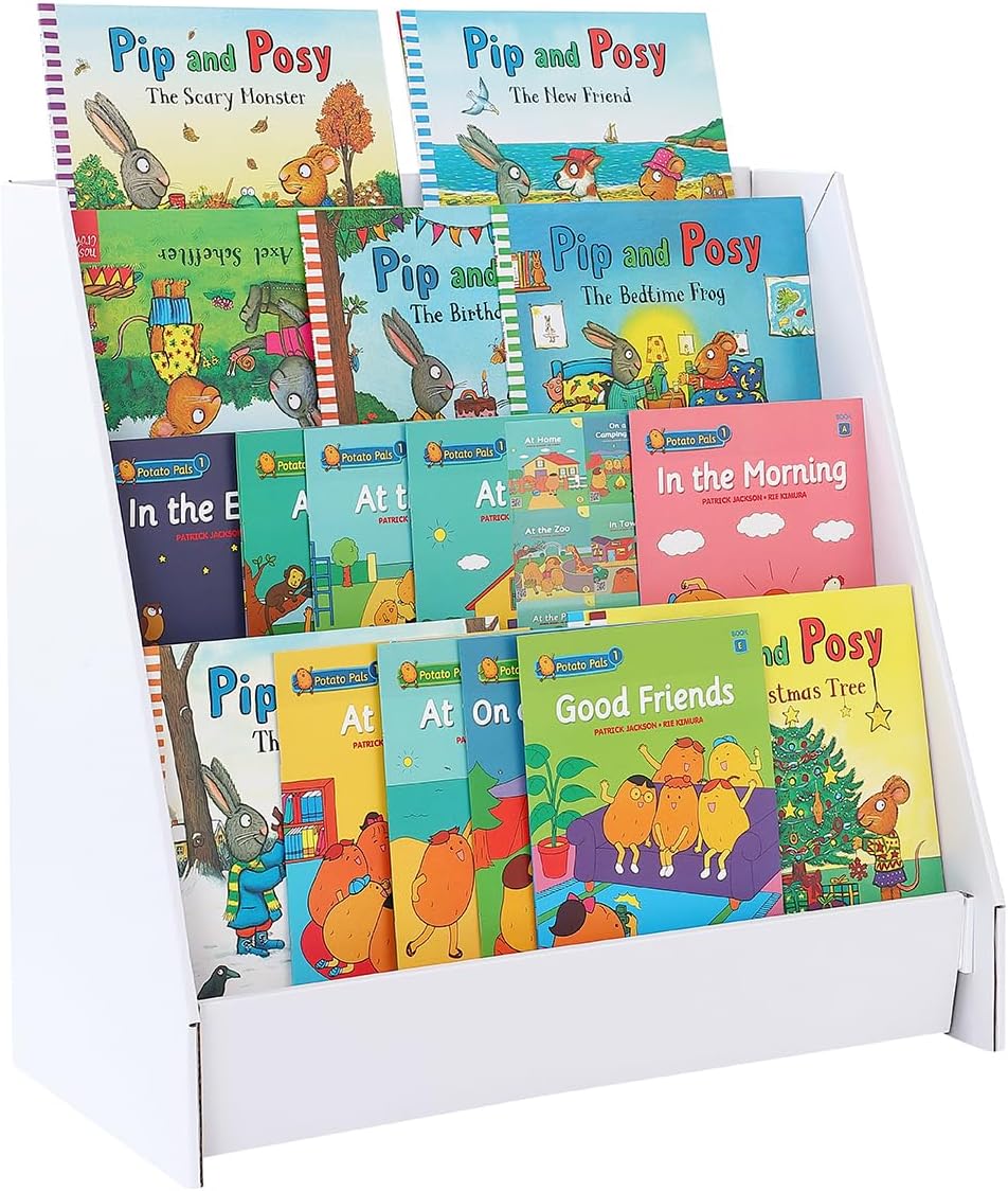 4 Tier Bookshelf for Kids, White Kids Book Rack Storage Bookshelf, Cardboard Book Display with Storage for Bedroom, Playroom, Living Room