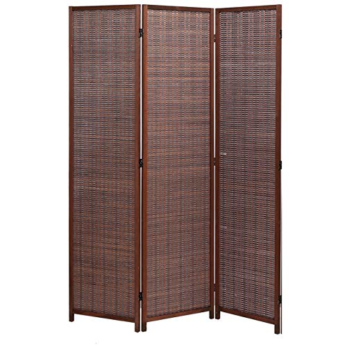 Legacy Decor 6 Panel Room Divider Black Color Wood and Bamboo Weave