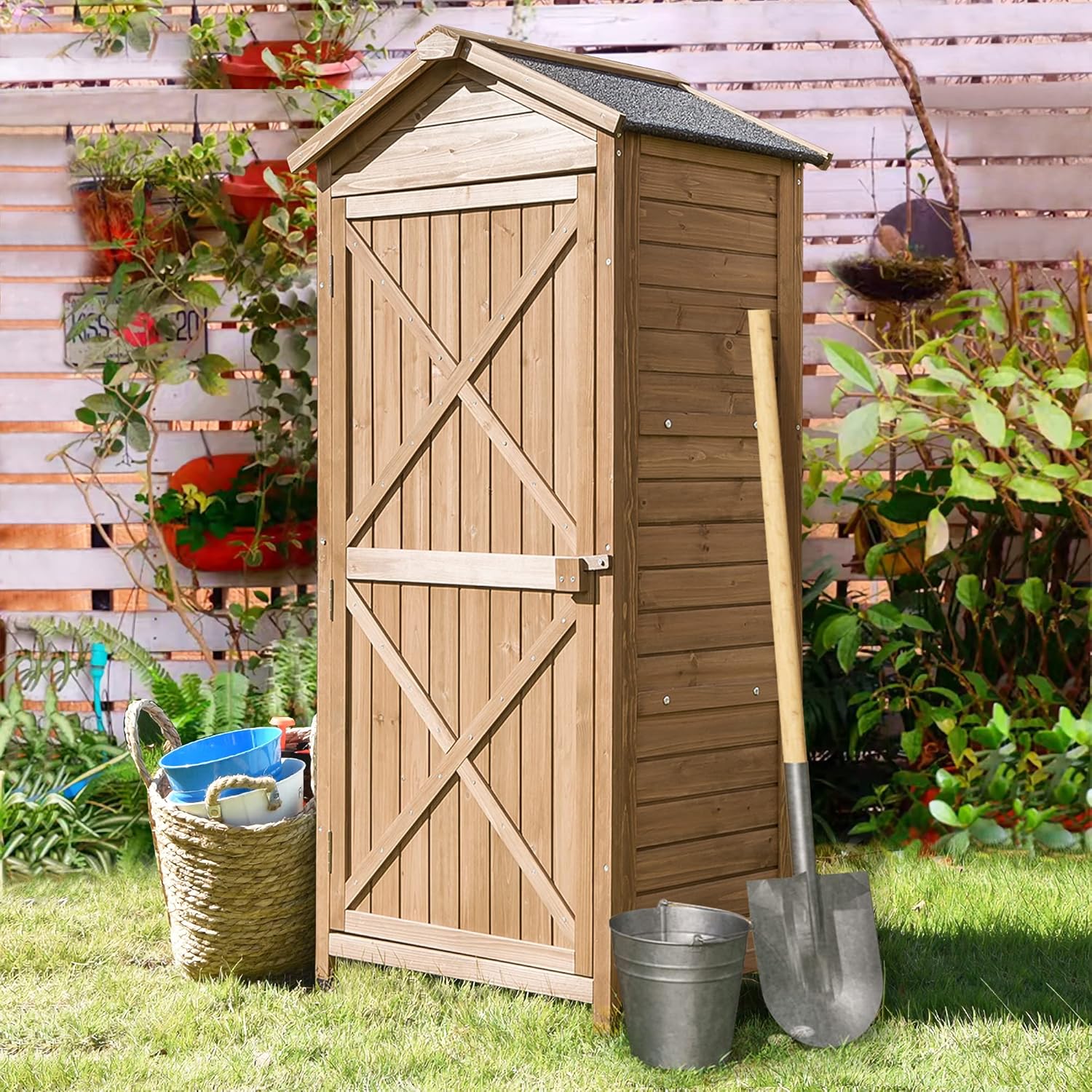 Outdoor Wooden Storage Sheds Fir Wood Lockers with Workstation,Natural