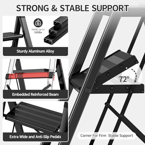 Step Ladder 4 Step Folding Step Stool with Handgrip Anti-Slip Wide Pedal Aluminum Portable Lightweight Household Stepladders for Home and Kitchen 330 lbs Capacity (Brown Gold)