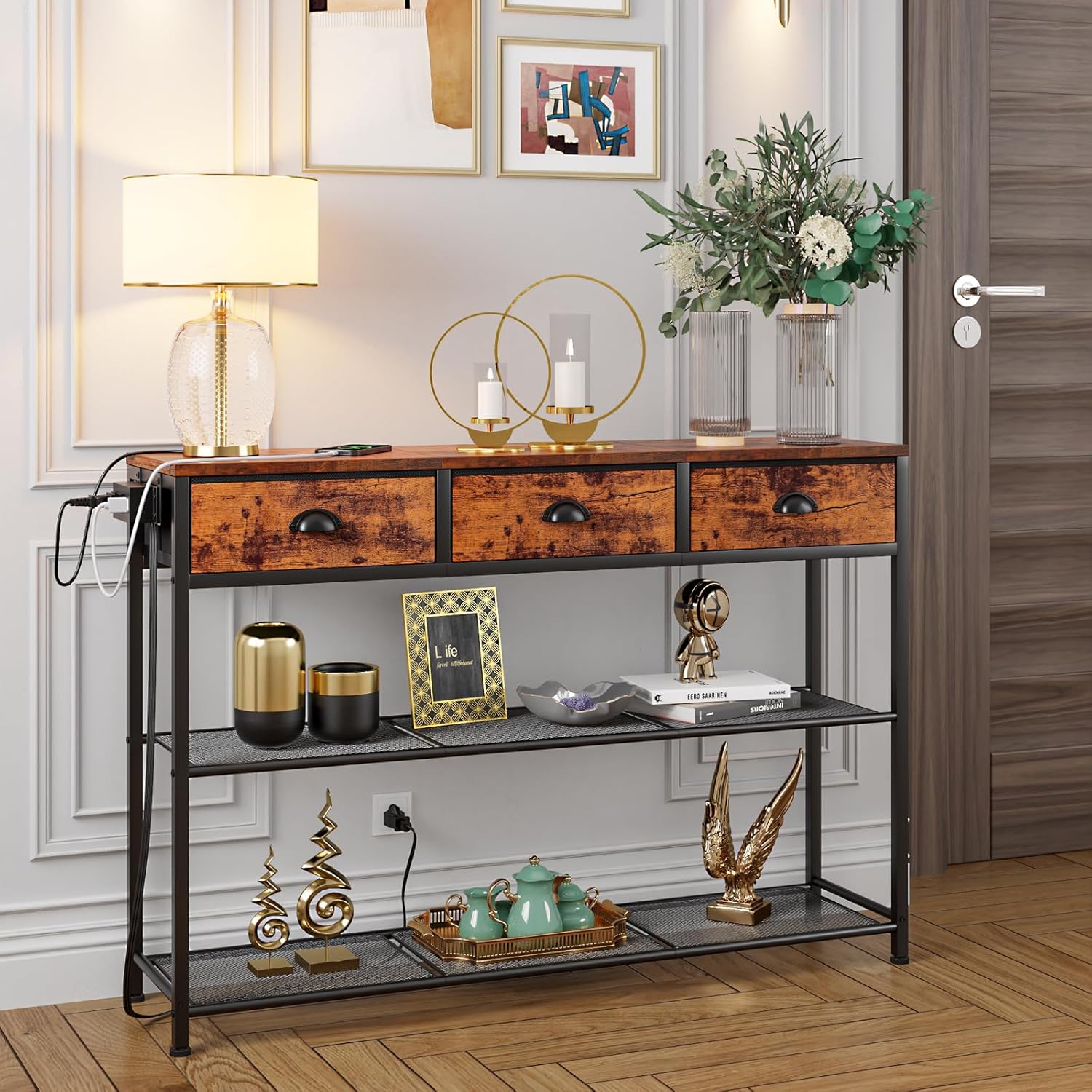 Furologee Console Table with Charging Station & 3 Fabric Drawers, Narrow 4-Tier Bookshelf, Bookcase with Storage Cabinet for Bedroom