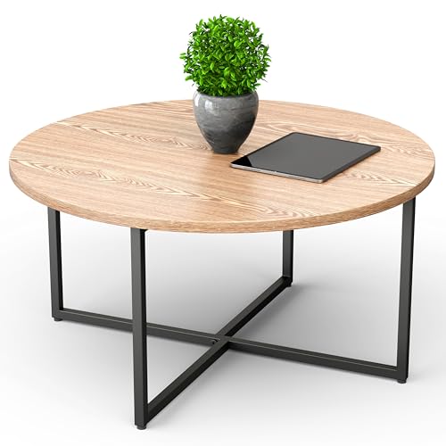 Round Coffee Table for Living Room | Circular Wooden Top and Metal Frame - LIGHT BROWN