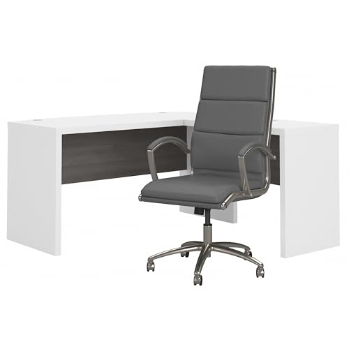 Bush Business Furniture Echo L Shaped Bow Front Desk with High Back Chair, Pure White and Modern Gray